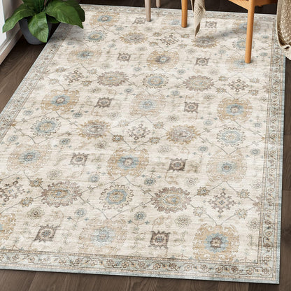 Machine Washable Area Rug - Living Room Bedroom Bathroom Kitchen Entryway Office - Padded Low Pile Stain Resistant Premium - Boho Vintage Traditional - Lyle - Blue 7'6" X 9'6"