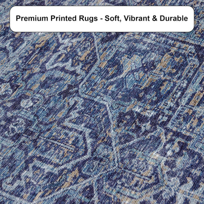 Machine Washable Area Rug - Living Room Bedroom Bathroom Kitchen Entryway Office - Padded Low Pile Stain Resistant Premium - Boho Vintage Traditional - Lyle - Blue 7'6" X 9'6"