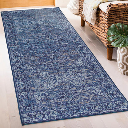 Machine Washable Area Rug - Living Room Bedroom Bathroom Kitchen Entryway Office - Padded Low Pile Stain Resistant Premium - Boho Vintage Traditional - Lyle - Blue 7'6" X 9'6"