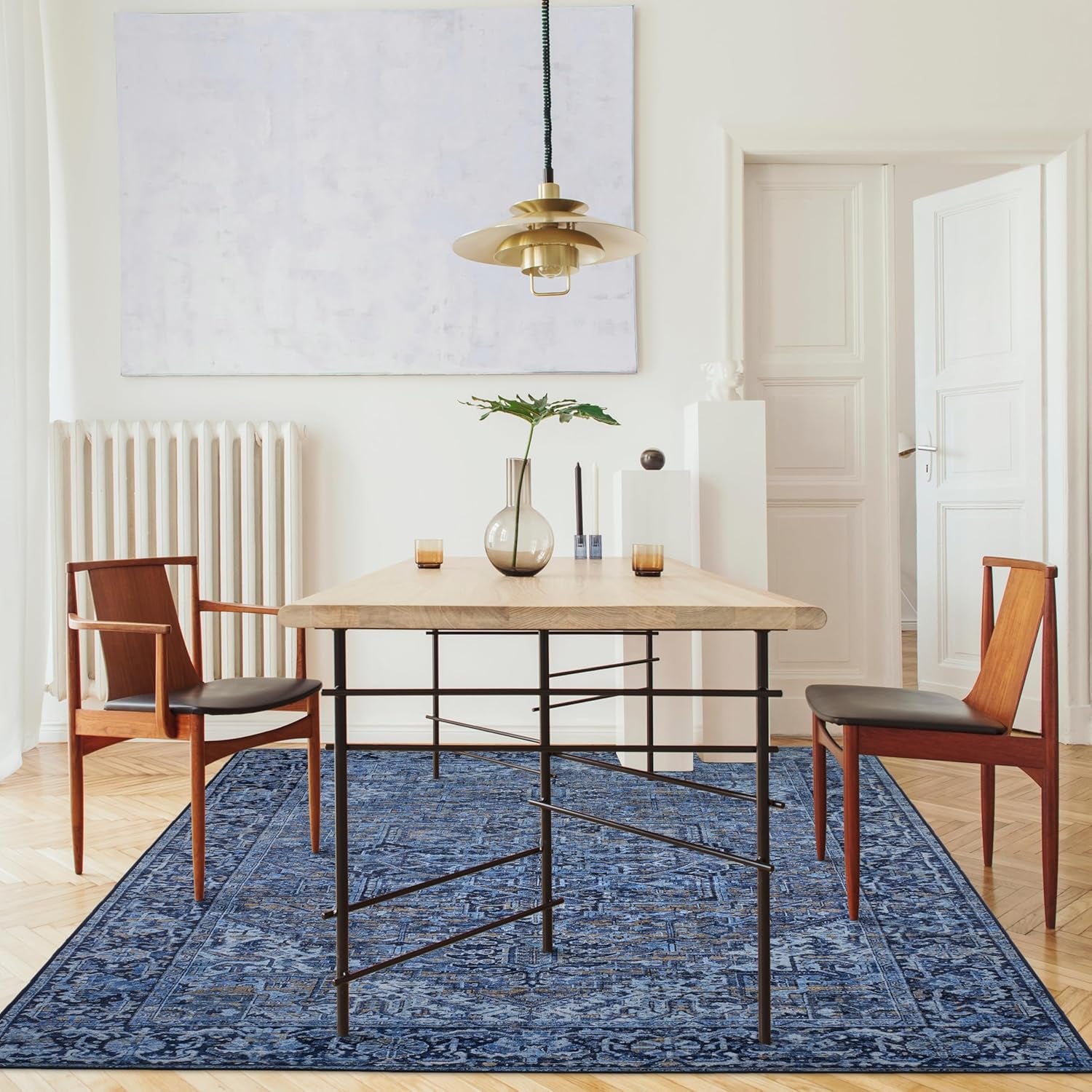 Machine Washable Area Rug - Living Room Bedroom Bathroom Kitchen Entryway Office - Padded Low Pile Stain Resistant Premium - Boho Vintage Traditional - Lyle - Blue 7'6" X 9'6"