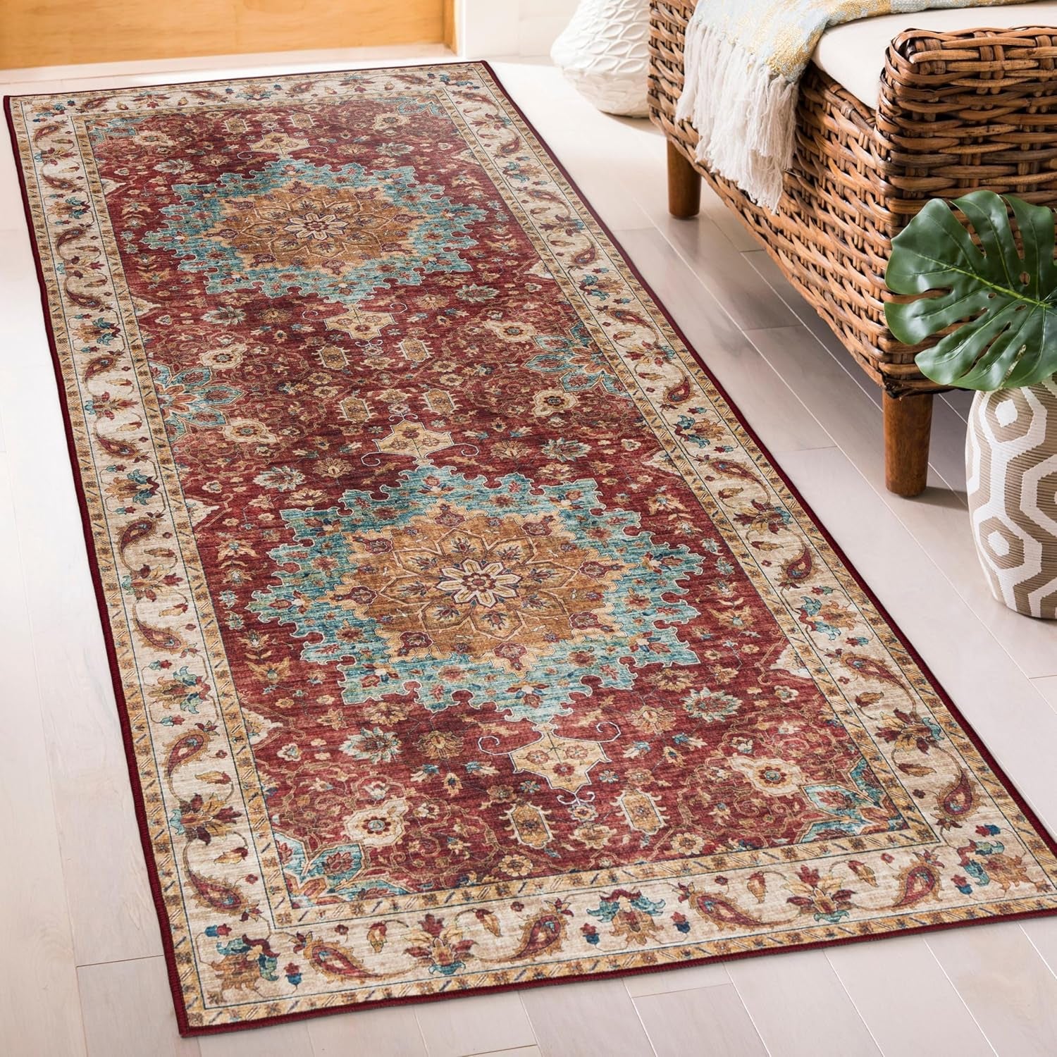 Machine Washable Area Rug - Living Room Bedroom Bathroom Kitchen Entryway Office - Padded Low Pile Stain Resistant Premium - Boho Vintage Traditional - Lyle - Blue 7'6" X 9'6"