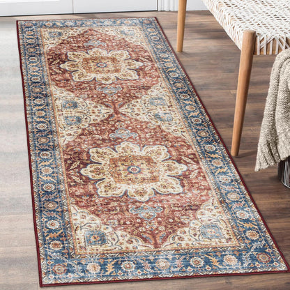Machine Washable Area Rug - Living Room Bedroom Bathroom Kitchen Entryway Office - Padded Low Pile Stain Resistant Premium - Boho Vintage Traditional - Lyle - Blue 7'6" X 9'6"