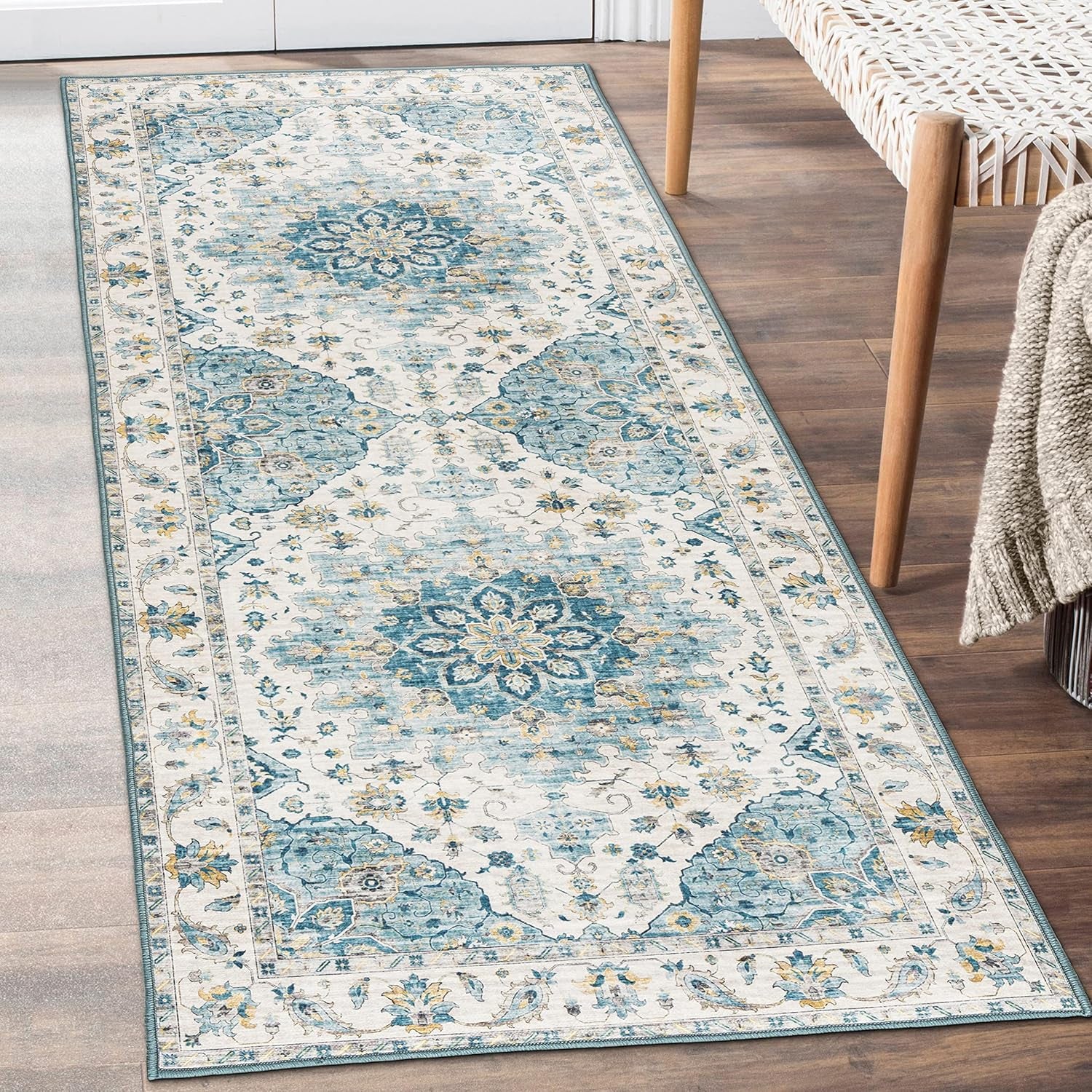 Machine Washable Area Rug - Living Room Bedroom Bathroom Kitchen Entryway Office - Padded Low Pile Stain Resistant Premium - Boho Vintage Traditional - Lyle - Blue 7'6" X 9'6"