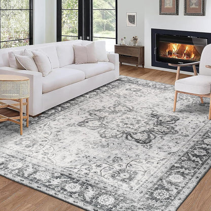 Machine Washable Area Rug - Living Room Bedroom Bathroom Kitchen Entryway Office - Padded Low Pile Stain Resistant Premium - Boho Vintage Traditional - Lyle - Blue 7'6" X 9'6"
