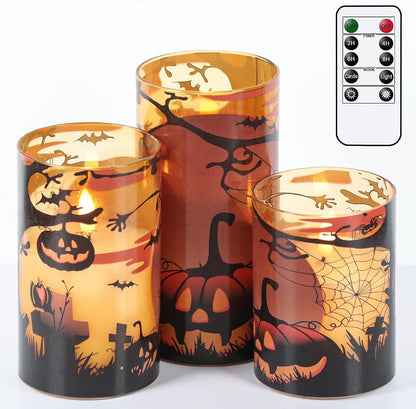 Halloween Flameless Candles, LED Flickering Battery Pillar Candles with 6H Timer and Pumpkin Decals, Spooky Fall Halloween Festival Party Decoration Set of 3 (D 3” X H 4” 5” 6”)